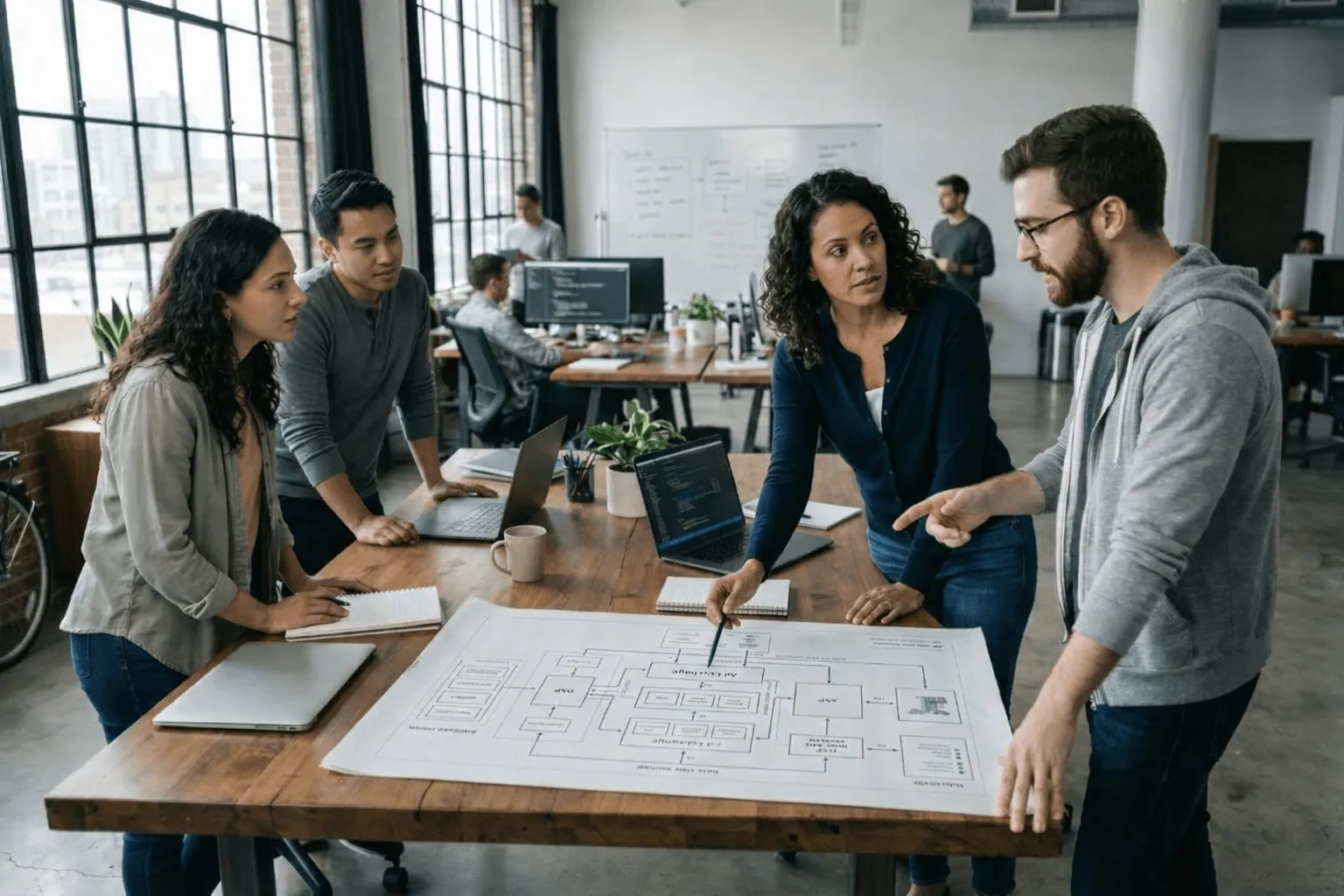 HMCoders team collaborating in modern office